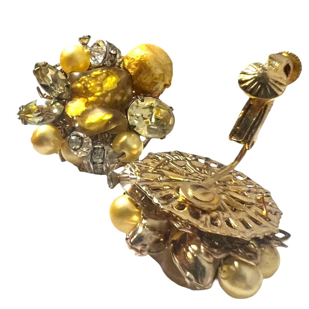 Vintage Yellow Cluster Vendome Earrings with Faux Pearl Seed Beads  Rhinestones
